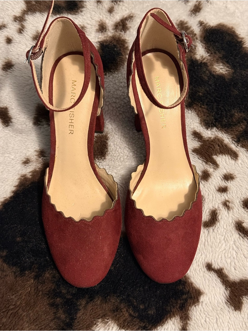 Marc Fisher Wine Red Suede Scalloped Ankle-Strap Heels
